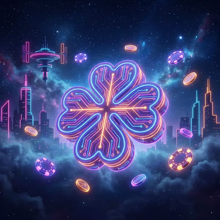 Neon four-leaf clover made of circuit lines surrounded by glowing casino chips in a sci-fi sky.